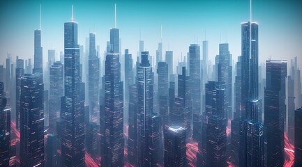 3d illustration, Abstract background with blue skyscrapers, Generative AI