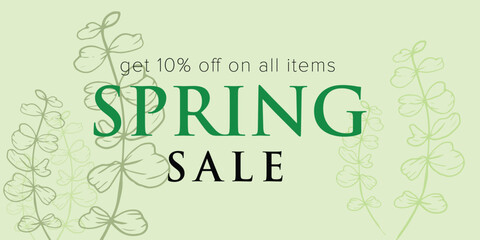 New Creative Spring & Mid Season Sale Header or Banner Design with Flowers and Leaves Decorated on Green Background.