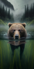 Close Look Of Grizzly bear  Swimming In Lake Generative Ai Digital Illustration Part#130323