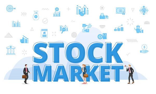 stock market concept with big words and people surrounded by related icon with blue color style