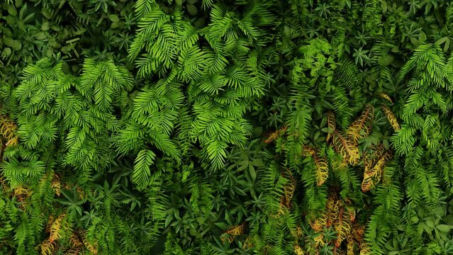 a background of 3d leaves. 3d animation of leaves in the wind. green leaves wall. close up of exotic leaves in the wind