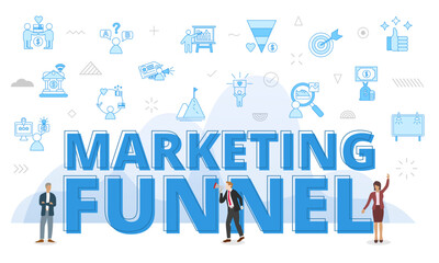 Fototapeta na wymiar marketing funnel concept with big words and people surrounded by related icon with blue color style