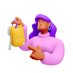 3d illustration. Cartoon girl 3d character with car keys.