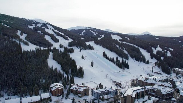Drone shot of a very busy ski resort in the United States