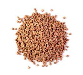 Close-up of dried raw Buckwheat isolated on white, top view
