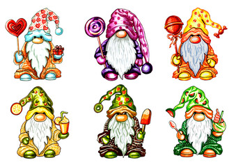 Obraz na płótnie Canvas Gnomes with sweets. Cute characters clip art. Ice cream and lollipops Set of Digital illustration. Template for stickers, patterns, wrapping, paper, postcards, embroidery.