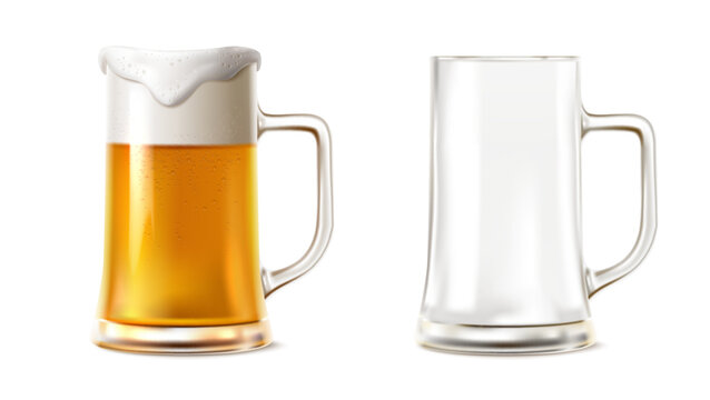 3d realistic vector icon illustration. Beer mug with foam and empty glass mug. isolated on white background.
