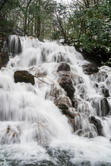うっすらと雪化粧した森の中を流れる渓流と滝