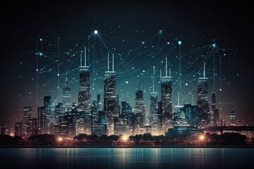 Obraz na płótnie Canvas Wireless network and big data technology in smart city with cityscape background