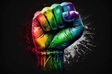 Generative ai illustration of LGBT flag and a fist, a hand with a clenched fist painted with the colors of the gay or LGBTQ flag as a symbol of pride