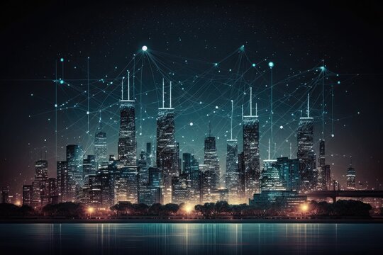 Wireless Network And Big Data Technology In Smart City With Cityscape Background