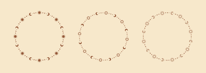 Mystic celestial round frame with sun, stars, moon phases, crescents and copy space. Ornate bohemian magical background collection.