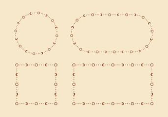 Mystic celestial frame with sun, stars, moon phases, crescents and copy space. Ornate bohemian magical background collection.