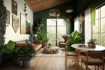 Biophilic design interior living room, AI generated