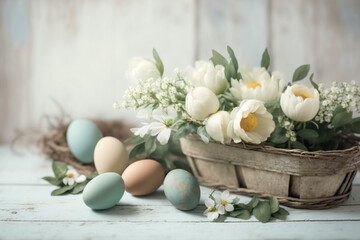 Obraz na płótnie Canvas Easter eggs and flowers in a basket on a white wooden background with copy space. AI