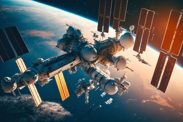 Fototapeta na wymiar International Space Station with Spaceships Docking, AI Generated