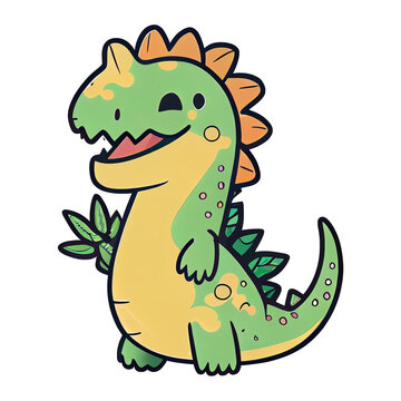 Funny cute dinosaur kawaii cartoon character illustration transparent background, sticker dino logo PNG, Generative AI