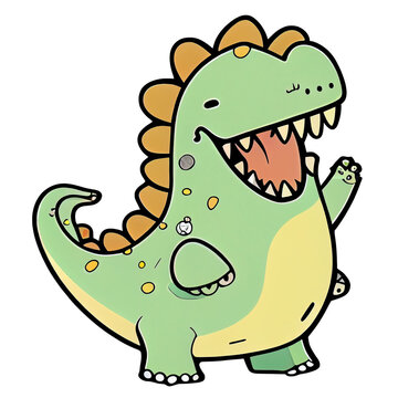 Funny cute dinosaur kawaii cartoon character illustration transparent background, sticker dino logo PNG, Generative AI