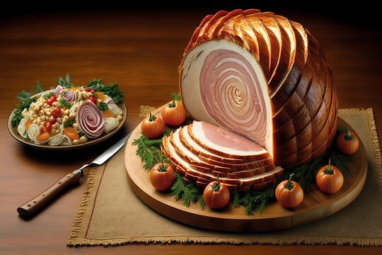 A spiral-cut pork Easter or Christmas ham dinner, AI generated