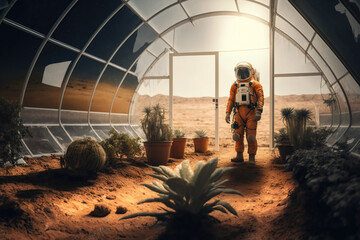 Astronaut growing plant in greenhouse on Mars, futuristic fantasy image, colonization of Mars red planet, new life, Agriculture AI Generative