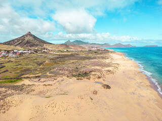 Porto Santo Aerial View. Popular tourist destination in Portugal Island in the Atlantic Ocean. Porto Santo, Madeira, Portugal.