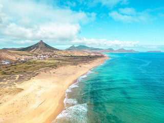 Porto Santo Aerial View. Popular tourist destination in Portugal Island in the Atlantic Ocean. Porto Santo, Madeira, Portugal.