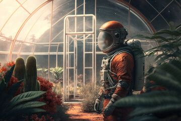 Astronaut growing plant in greenhouse on Mars, futuristic fantasy image, colonization of Mars red planet, new life, Agriculture AI Generative - obrazy, fototapety, plakaty