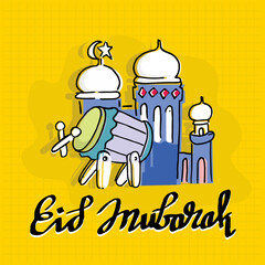 Mosque, eid mubarak, doodle vector