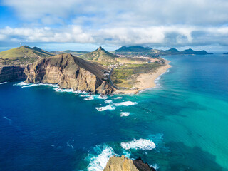 Porto Santo Aerial View. Popular tourist destination in Portugal Island in the Atlantic Ocean. Porto Santo, Madeira, Portugal.