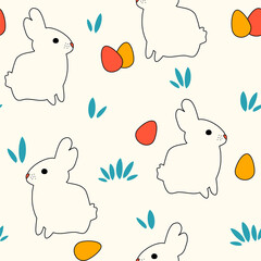 Cute easter seamless vector pattern background illustration with colorful egg and white rabbits  - 581005158