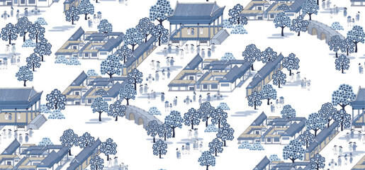 Seamless pattern illustration. Korea's old architecture and people's landscape	 - 581005328