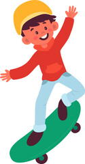 Cheerful kid riding on skateboard flat illustration Wooden skateboard