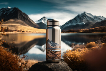 view of an open mountain landscape with a stainless steel thermos in the foreground, generative AI tools. 

 