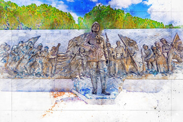 Artistic watercolor drawing of Çanakkale Monument and martyrdoms.
