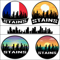 Stains Skyline Silhouette France Flag Travel Souvenir Sticker Sunset Background Vector Illustration SVG EPS AI