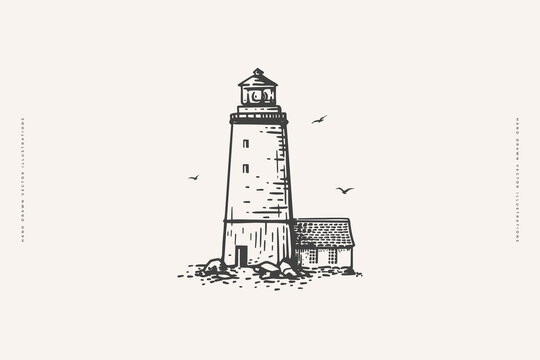 recommend clip art: Ancient lighthouse building in engraving style. Nautical lighthouse on isolated background. Symbol of safety of navigation and tourism. Vintage vector illustration for postcard, book, textile design.