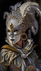  Venetian carnival costume. Venetian carnival mask. Venice, Italy. portrait of a gold and white mask in Piazza San Marco,  Created using generative AI tools.