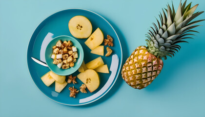 Comida vegan diet, healthy food, vitamins, fitness diet food concept. Pineapple, apple, and nuts on a plate on a blue background. Generative Ai