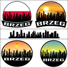 Brzeg Skyline Silhouette Poland Flag Travel Souvenir Sticker Sunset Background Vector Illustration SVG EPS AI