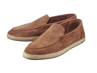 Pair of light men's summer shoes made of beige suede with a sisal-trimmed sole, isolated on a white background. Lightweight and practical shoes for everyday wear.