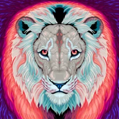 Tuinposter Lion with red mane and blue background. Vector fantasy illustration. © ddraw