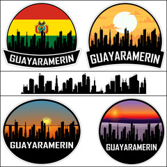 Guayaramerin Skyline Silhouette Bolivia Flag Travel Souvenir Sticker Sunset Background Vector Illustration SVG EPS AI