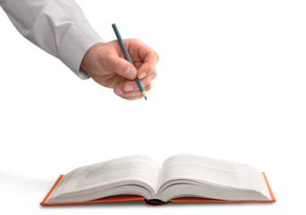 Opened book and hand drawing building sketches