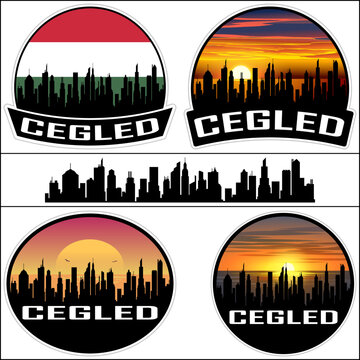 Cegled Skyline Silhouette Hungary Flag Travel Souvenir Sticker Sunset Background Vector Illustration SVG EPS AI
