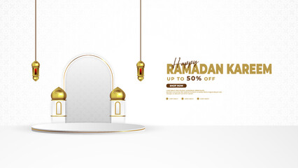 Ramadan podium background in white and gold, with lantern, mosque and podium elements, suitable for Islamic background activities