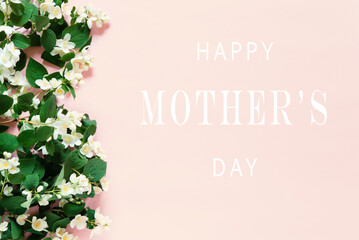 Happy mother's day pastel colors background. Floral flat lay minimalism greeting card. mockup....