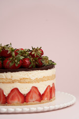 Strawberry cheesecake dessert on white background