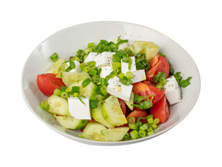 Greek Salad Isolated, Horiatiki Salat with Tomatoes, Cucumbers, Onion, Feta Cheese in White Bowl