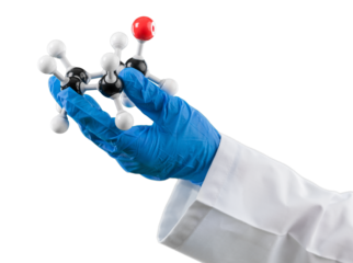 Scientist holding molecule form isolated on white background, close up