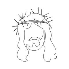 Continuous line drawing of Jesus Christ wearing a crown of thorns. Vector